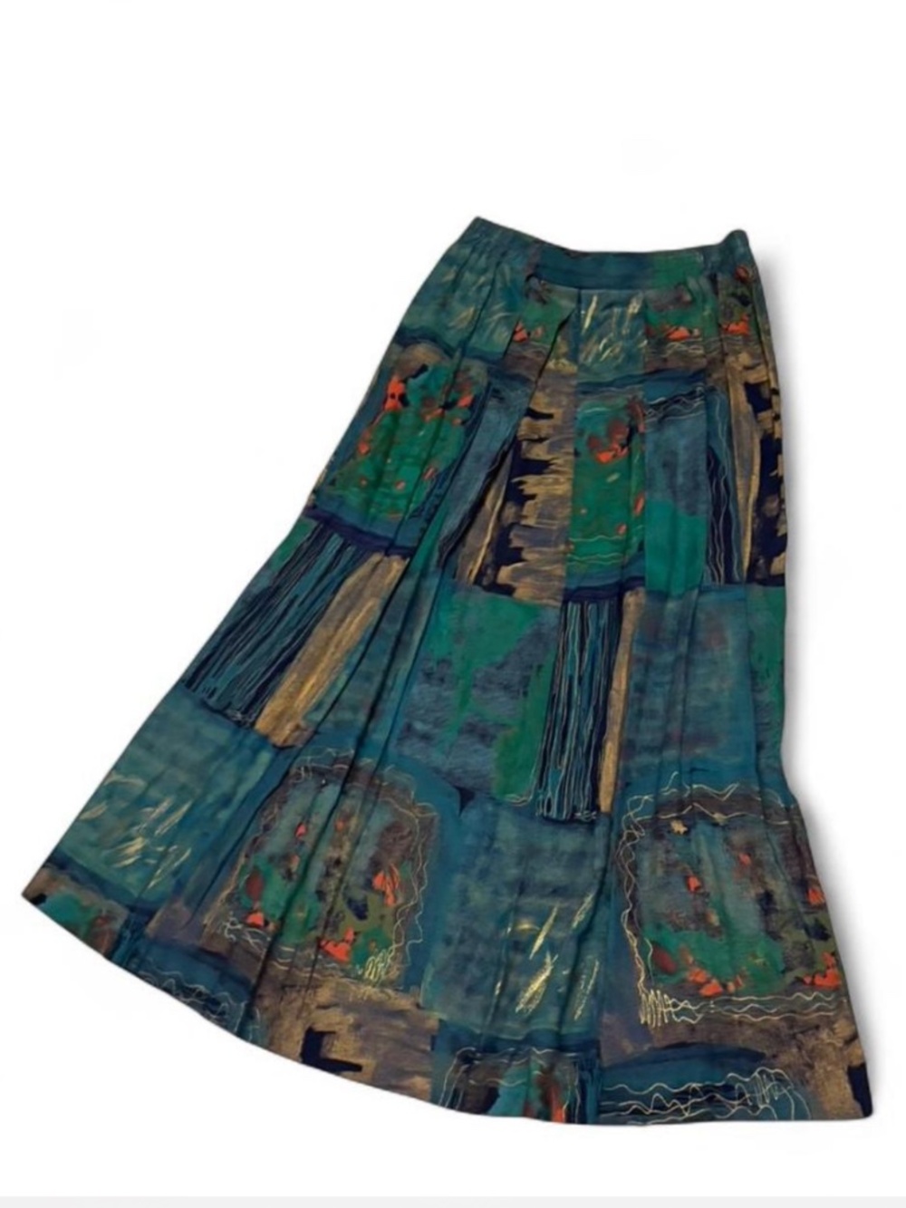 Vintage 90s Abstract Print Rayon Midi Skirt | Artsy Boho Grunge Jewel Tone